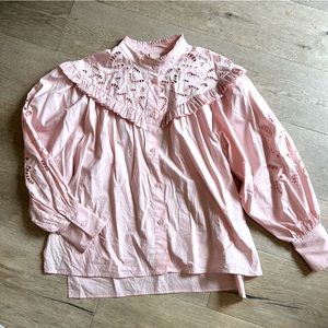 Pink embroidered cutout lace ruffle long sleeve button down blouse top